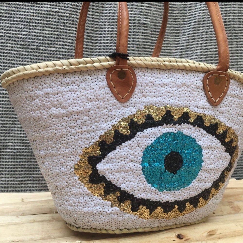 Handmade Palm Leaf Bag with Cream Sequins